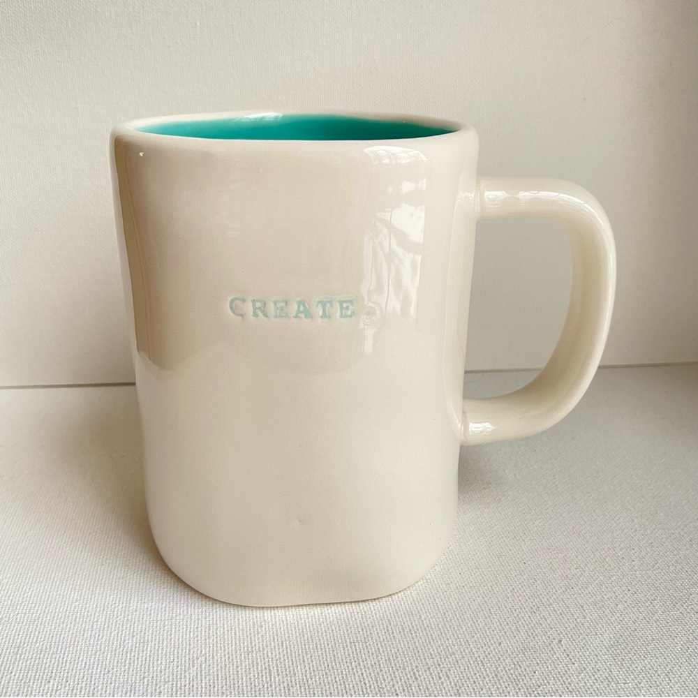 Rae Dunn CREATE coffee tea mug from Artisan Collection by Magenta aqua interior